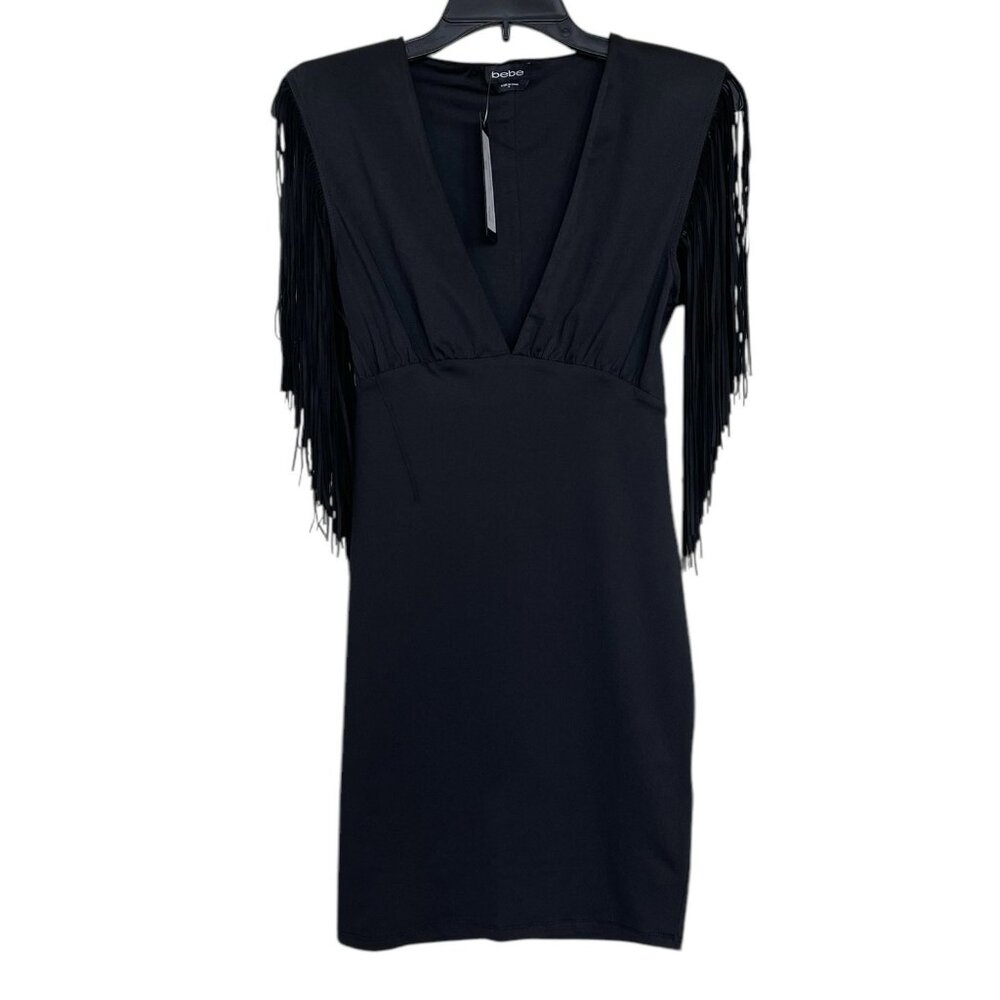 Bebe Dress Womens Size Small S Black Fringe Plunge Neckline